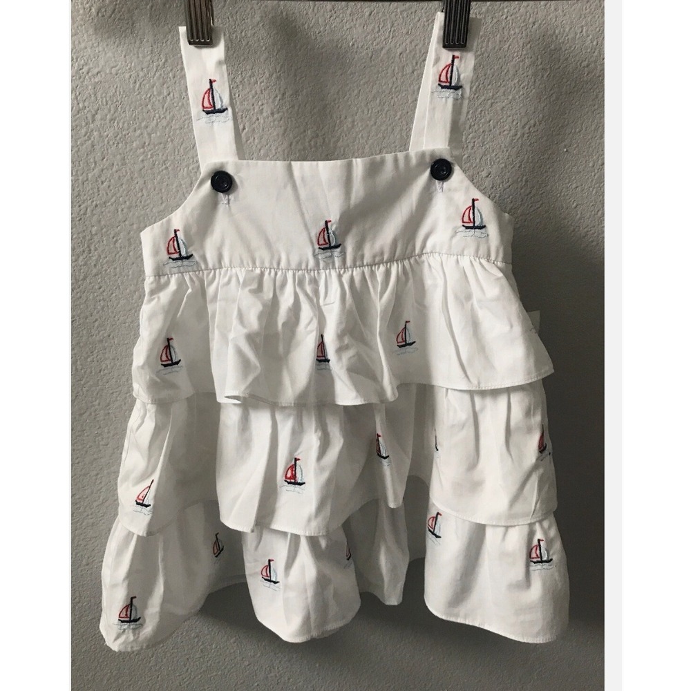 NWT Les Petits Soleils Baby Girl Dress – 24M – White Sailboats, Ruffle, 100%